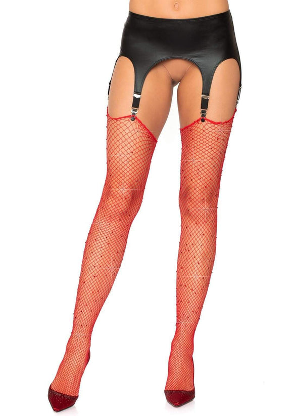 Rhinestone Fishnet Stockings - One Size - Red LA-9124RD